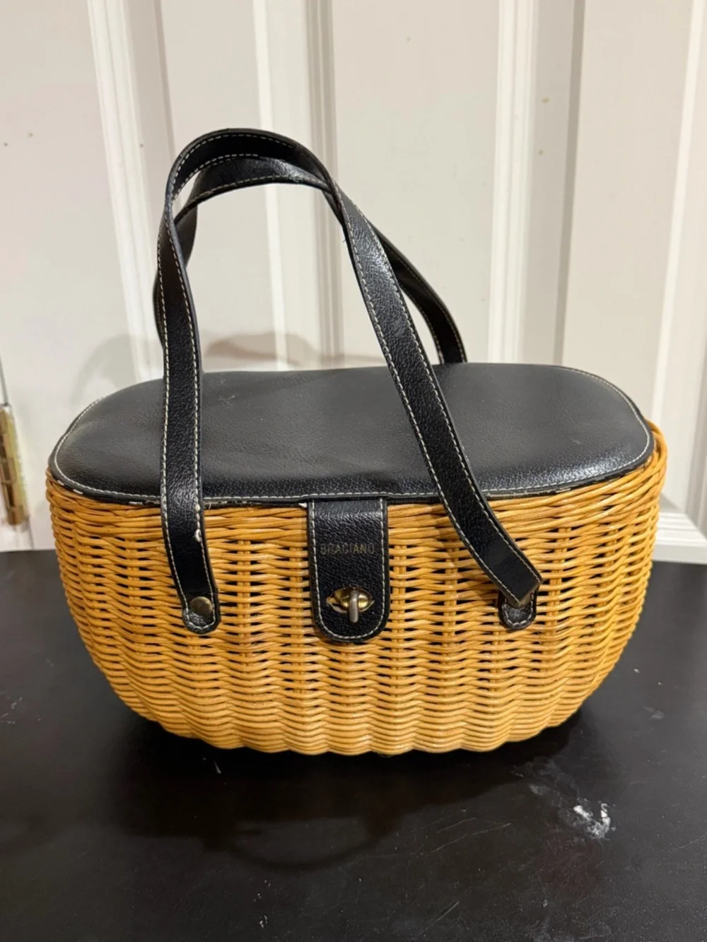 Braciano Black & Natural Wicker Top-Handle Tote leather trim